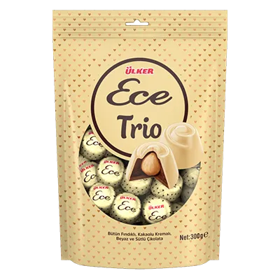 ÜLKER ECE TRIO WHITE AND MILK CHOCOLATE WITH COCOA CREAM AND WHOLE HAZELNUT DOYPACK