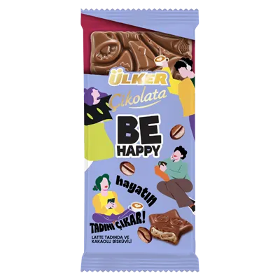 ÜLKER ÇIKOLATA BE HAPPY LATTE TADINDA VE KAKAOLU BISKÜVILI TABLET ÇİKOLATA